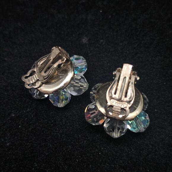 Aurora Borealis AB Glass Flower Clip On Earrings Vintage Jewelry - Picture 2 of 6